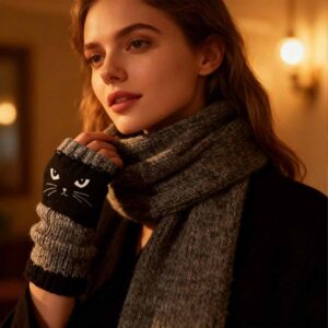 Cute Knitted Cat Fingerless Gloves for Women