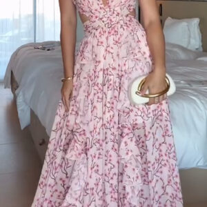 Ladies' V-neck Irregular Printed Hollow Elegant Temperament Dress