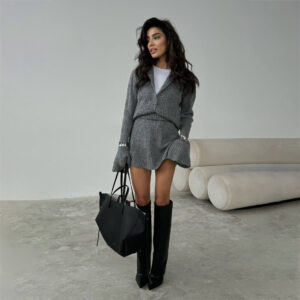 European And American Cross-Border Solid Color Sweater Suit Hot Girl Simple Cardigan Hip-Covering Short Skirt Suit Winter Two-Piece Set