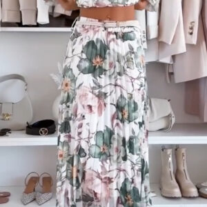 Ladies' One Collar Printed Top+skirt Casual Set