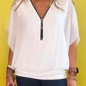 Women Summer Chiffon Shirt Comfy Half-zip Short-sleeved Casual Top