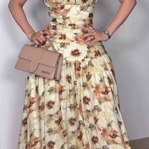 Summer Floral Print Ruched Halter Midi Dress