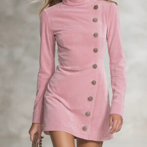 Light Pink Velvet Turtleneck Button-decorated Mini Dress