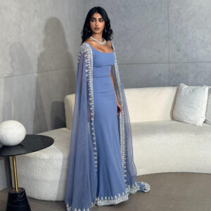Luxury Crystal Blue Mermaid Evening Dresses with Cape Sleeves SS445
