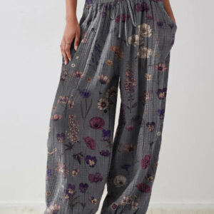 Women's Retro Floral Art Print Casual Pocket Wide Leg Pants