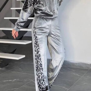 Hazel Blues® | Collared Neck Leopard Zip Up Top and Pants Set